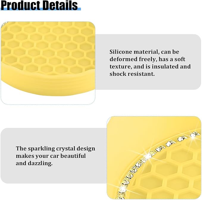 HZEL 4PCS Bling Car Cup Holder Coaster, Shiny Crystal Rhinestone Silicone Dustproof Drink Cup Insert Pad, Dazzling Automotive Interior Water Bottle Holder Embedded Mat, Universal Fit (Yellow)