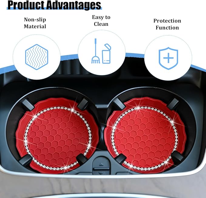HZEL 4PCS Bling Car Cup Holder Coaster, Shiny Crystal Rhinestone Silicone Dustproof Drink Cup Insert Pad, Dazzling Automotive Interior Water Bottle Holder Embedded Mat, Universal Fit (Red)