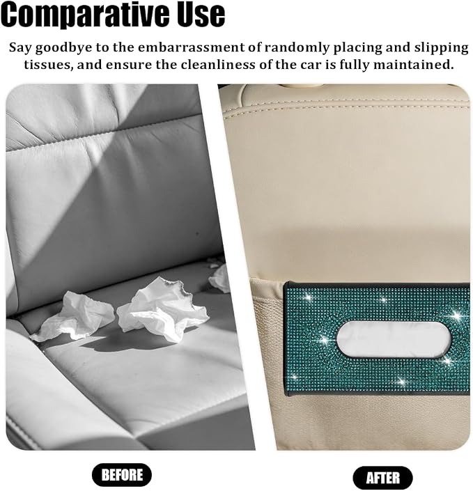 Bling Car Visor Tissue Holder, Shiny Rhinestone Leather Sun Visor Napkin Mask Case Holder Clip, Diamond AUT Paper Tissue Towel Box Dispenser, Universal Fit (Black/Green)