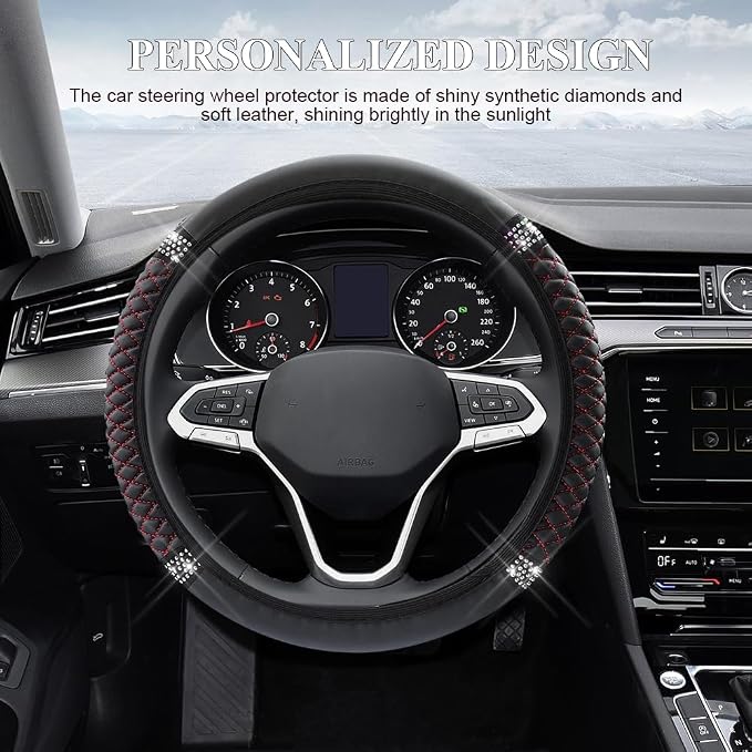 Bling Soft Leather Steering Wheel Cover, 15 Inch Colorful Rhinestones Auto Elastic Steering Wheel Protector for Women Girls, Car Accessories Anti Slip Steering Wheel Cover for Cars, SUVs (Black red)