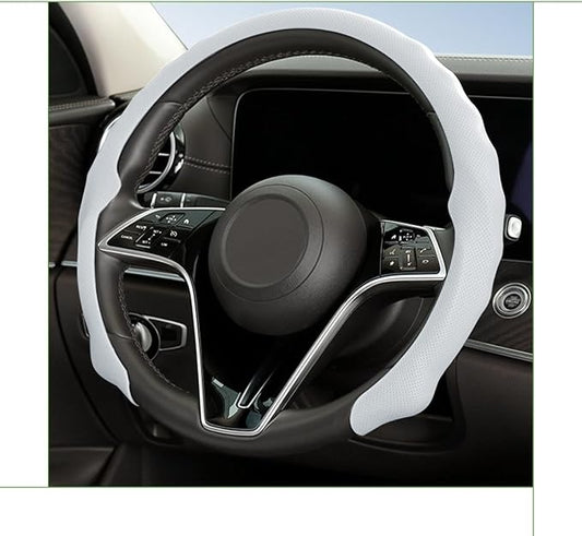 Car Steering Wheel Cover, 15 inch Nappa Leather Anti-Slip & Ultra-Thin 5D Vehicle Steering Wheel Protector, Breathable Automotive Interior Accessories, Universal Fit (White)