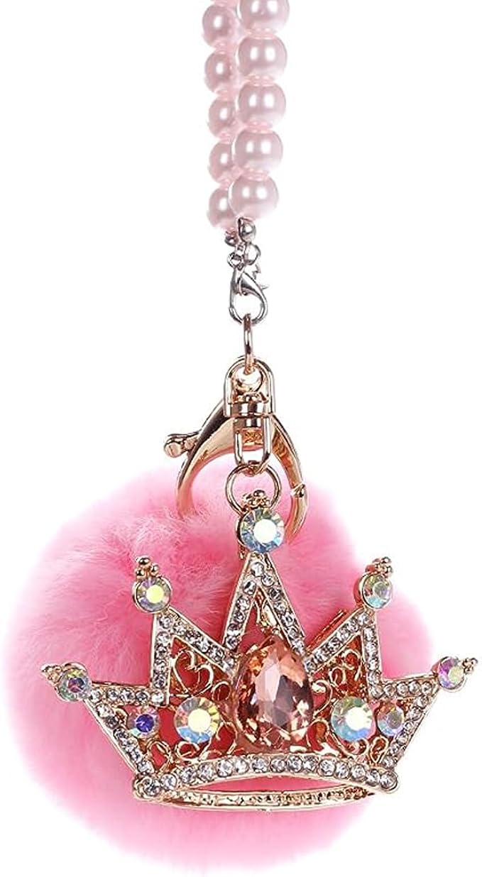 Pink Bling Car Accessories for Women Furry Pom Pom Crown with Pearl Chain Car Mirror Hanging Accessories for Women