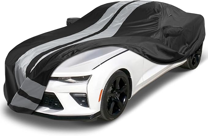 iCarCover Custom Car Cover Compatible with 2010-2024 Chevrolet Camaro LT, LS, RS, SS, Waterproof All Weather Rain Snow UV Sun Protector Full Exterior Indoor Outdoor Car Covers, Stripe (Black/Gray)