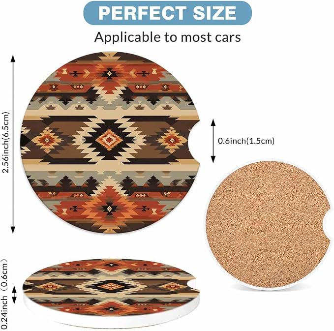 Geometric Pattern Car Coasters for Cup Holders American Style Aztec Car Cup Holder Coasters 2 Pack for Car, Anti Slip Ceramic Car Cup Mat with Finger Notch Cute Car Interior Accessories for Women Men