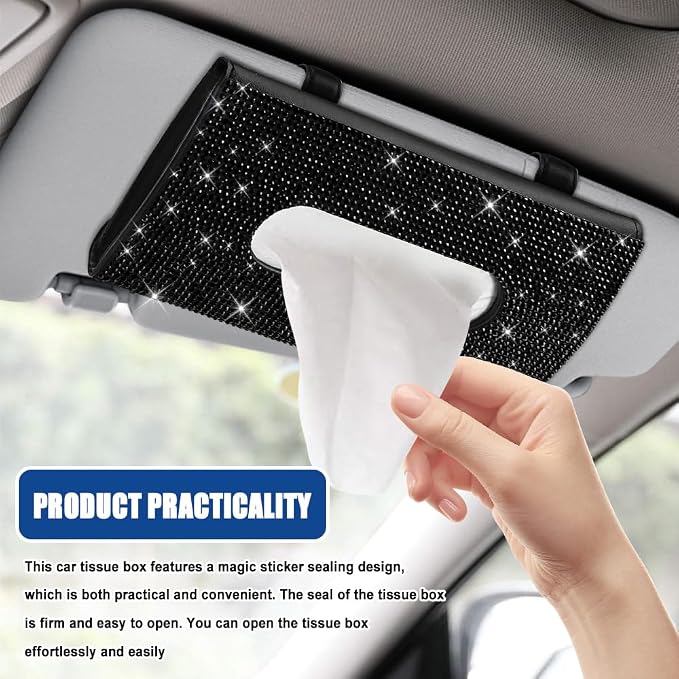 Bling Car Sun Visor Tissue Box Holder, Visor Accessories, Rhinestone PU Leather Crystal Sparkling Napkin Holder, Auto Sun Visor Paper Towel Cover Case Accessories for Most Cars (Black)