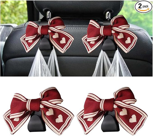Mandark 2PCS Car Seat Headrest Hooks, Cute Bow Vehicle Hooks for Purses and Bags, Automotive Purse Hook Hanger Interior Decoration Accessories, Universal for SUV, Sedan, Truck (Red/White)