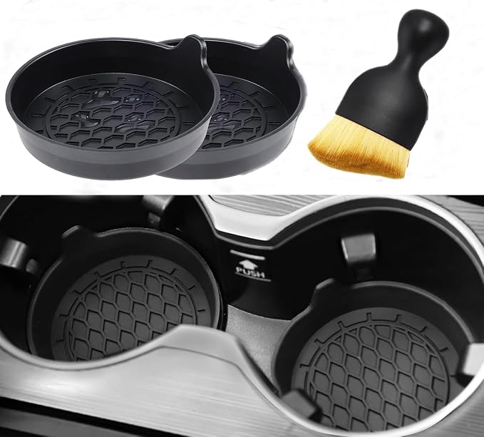Car Cup Coasters,Universal Automotive Non-Slip Silicone Car Cup Holders Embedded in Ornaments Coaster, Drink Holder Protector Car Interior Accessories, Black 2 Pack & Car Duster Brush