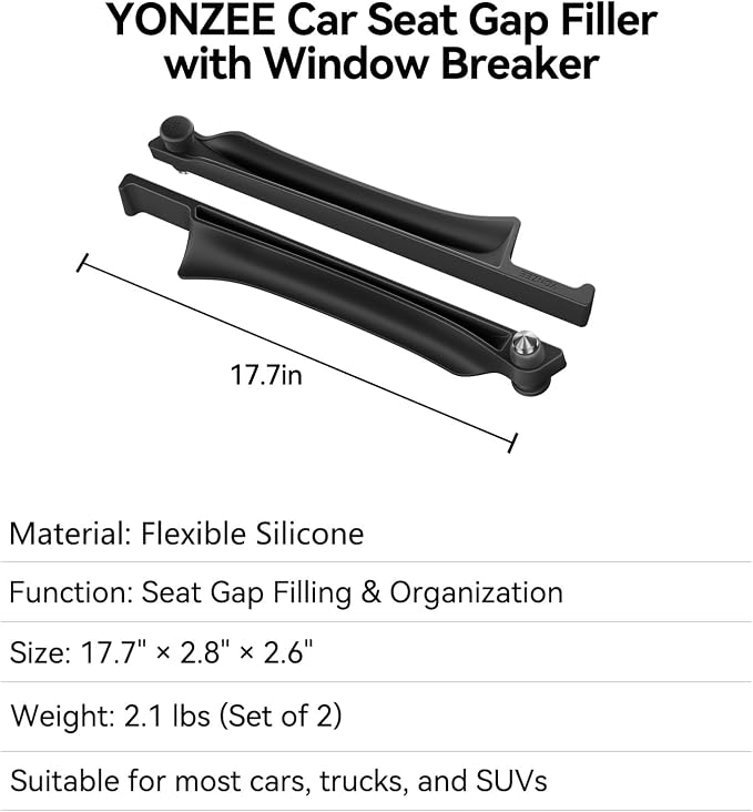 YONZEE Car Seat Gap Filler [2 Pack], Premium Silicone Side Console Organizer with Built-in Emergency Glass Breaker, Universal Fit Automotive Gap Blocker to Prevent Dropping, Car Interior Decor