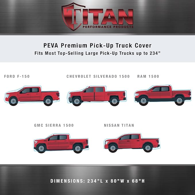 Titan Premium Multi-Layer PEVA Car Cover for Large Pick-up Trucks 213-234”. Waterproof, UV Protection, Anti-Scratch Protective Lining, Driver-Side Zippered Opening. Fits F-150, Silverado and More.