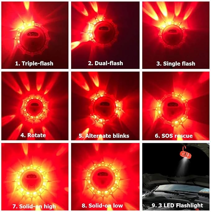 Ecoangel USB Rechargeable LED Road Flares Emergency Lights-Roadside Warning Car Safety Beacon Flashing Disc Flare Kit with Magnetic Base for Vehicles & Boat | 3 Beacon Disc Pack