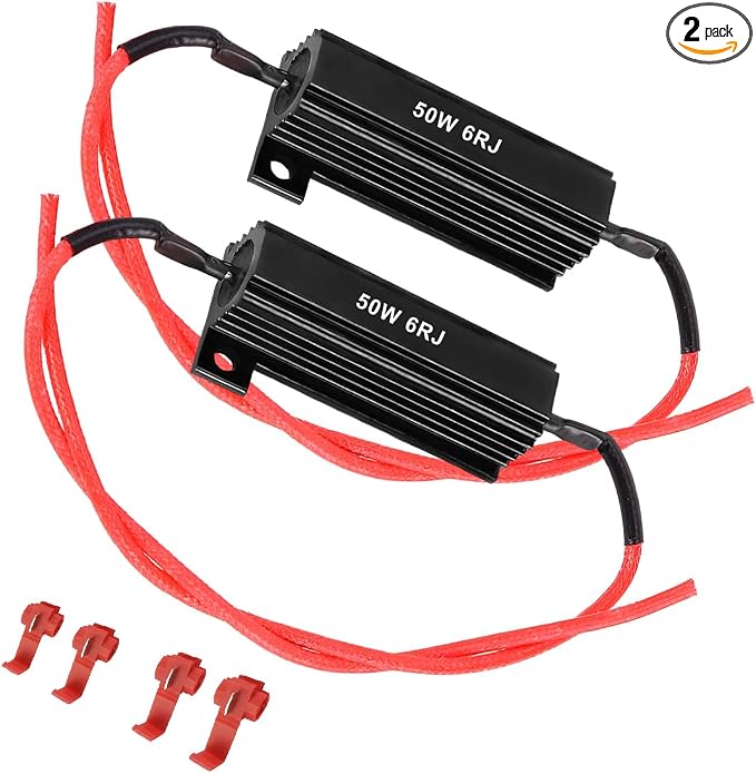 2PCS 50W 6Ohm LED Load Resistors, Automotive LED Turn Signal Resistor Flasher Adaptor with Wire Clips, Vehicle Replacement Resistors for Fixing Hyper Flash Warning Cancellor (Black)