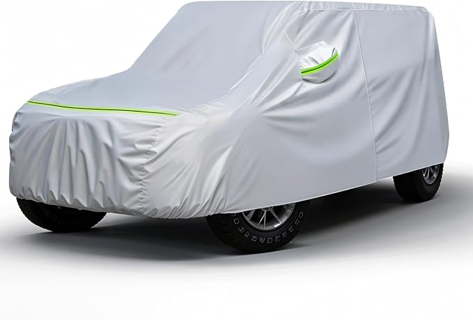Favoto Car Cover All Weather for Jeep Wrangler 2 Door Waterproof | 6 Layers Heavy Duty Outdoor UV Rain Snow Protection with 4 Windproof Straps Zipper Universal Fit for Jeep (167"-177")