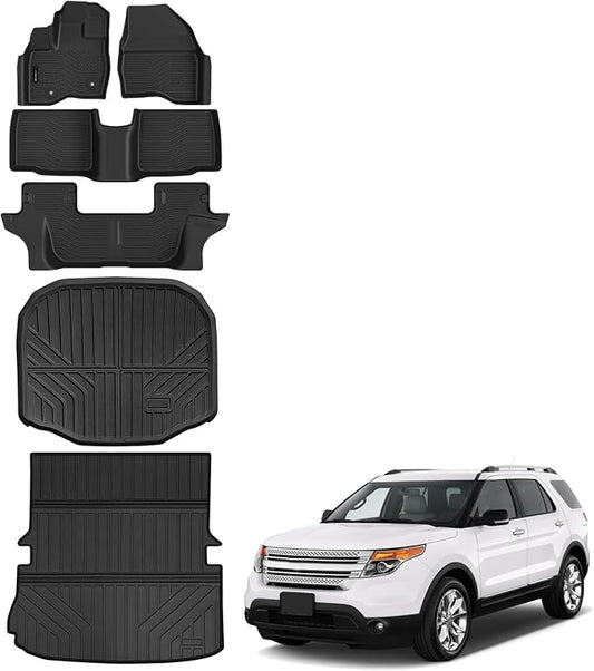 Auxko All Weather Floor Mats Cargo Mat with Backrest Mat & Under Trunk Mat & Door Sill Protector for Ford Explorer 2011-2014 TPE All Season Accessories Guard Odorless Anti-Slip Liners Trunk Tray