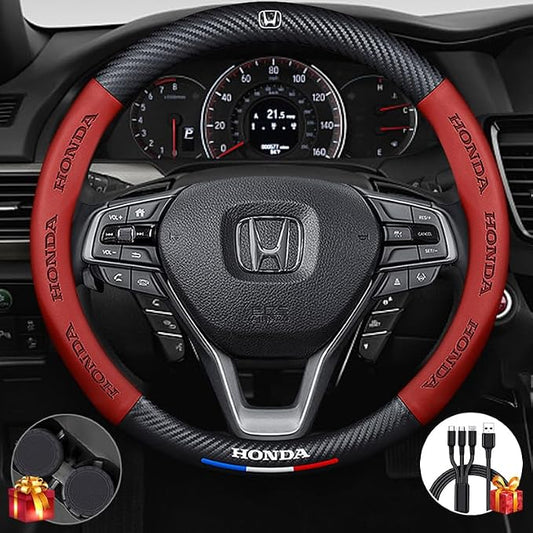 Steering Wheel Cover Compatible with Honda, Nappa Leather&Carbon Fiber Texture Steering Wheel Cover, 14.5-15 Inch Diameter with 2 Coasters and USB Fast Charging Cable (Red)