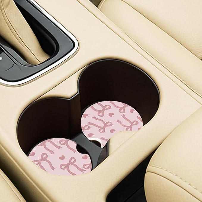 Ceramic Car Coasters – Absorbent Car Cup Holder Coaster Set for Women, Cute Aesthetic Car Accessories for Girls, 2 Pack (Peach)