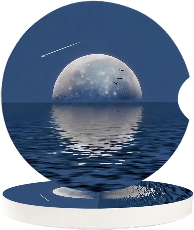 Car Coasters for Cup Holders 2.6" Dia Absorbent Coasters Set of 6 Car Interior Accessories for Women Ceramic Car Coaster for Drinks with Finger Grooves,Full Moon and Meteor Reflection on Sea Surface