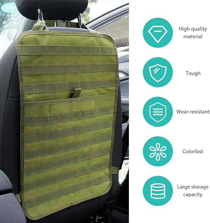2 PCS Car Seat Back Organizer, Tactical MOLLE Sag Proof Vehicle Panel Backseat Cover Protector, Universal Molle Nylon Storage Bag Seat Back Hanger Pad for Car Truck SUV Pickup (Army Green)