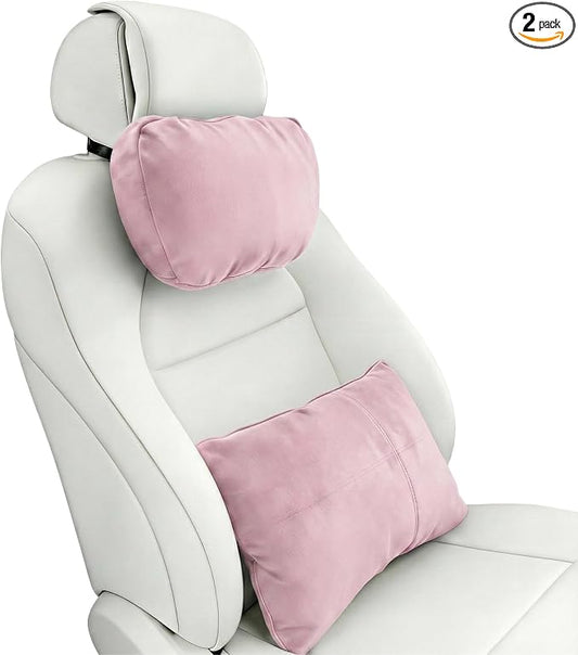 2PCS Car Pillow for Car Neck Pillow for Driving Seat Neck Support Soft Cushion Back Support Head-Rests for Vehicle Sleeping with Elastic Adjustment Strap (Light Pink, Head and Lumbar)