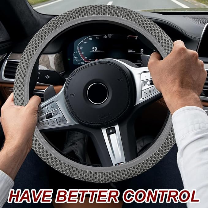 Breathable Elastic Steering Wheel Cover,15 Inch Stretch Steering Wheel Protector,Microfiber Ice Silk Anti-Slip Car Wheel Cover,Odorless Comfort Grip Interior Accessory for Cars SUV Truck（Grey）