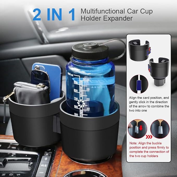 JINKEY Dual Cup Holder Expander for Car, 2 in 1 Multifunctional Large Car Cup Holder Expander Adapter with expanded 2.69"- 3.94" Adjustable Base for Bottles Cups Drinks Snack Organizer Holder