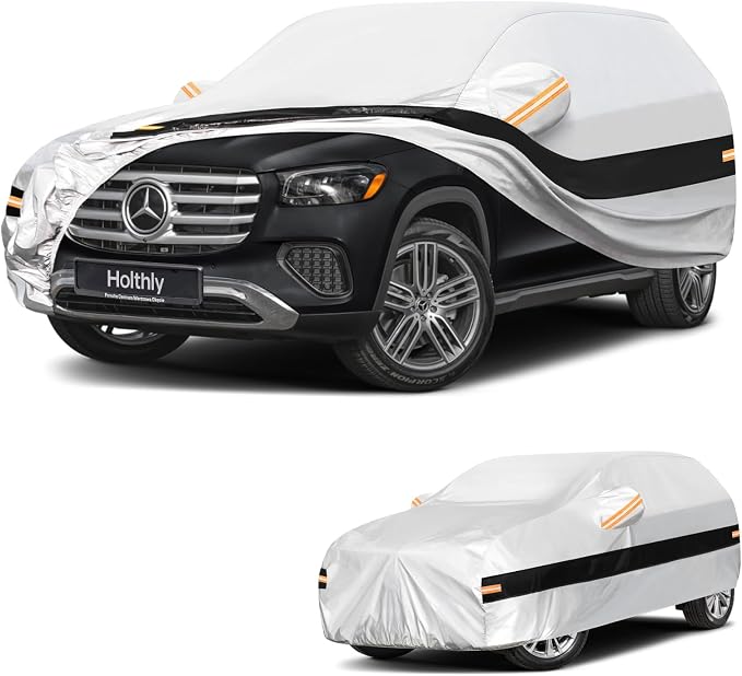 10 Layers SUV Car Cover Custom Fit Mercedes Benz GLS Class 350d 400 400d 450 450d 550 580,Waterproof All Weather for Automobiles, Outdoor Full Cover Sun Rain Protection with Cotton. Silver