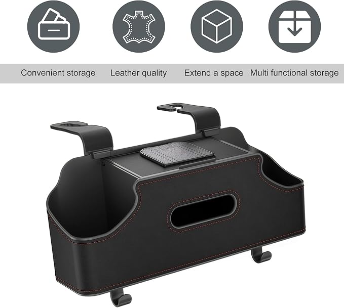 1 PC Backseat Organizer with Dual Cup Holder, Multi-function Tissue Hanging Box and 2 Hooks, Extra Rear Seat Road Trip Storage Accessories, Universal for Most Cars, Trucks, SUVs (Black)