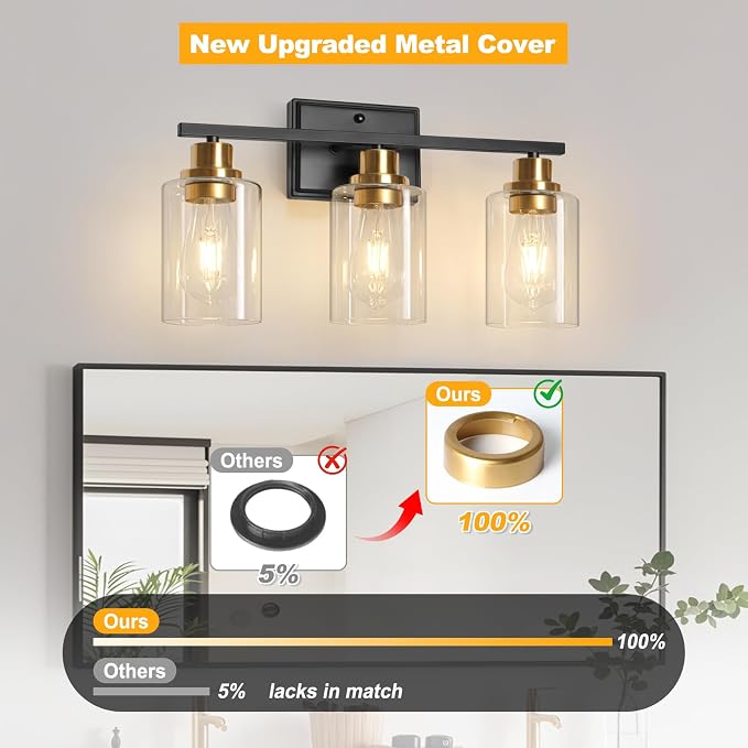 Unicozin 3 Light Bathroom Light Fixtures, Modern Vanity Lights Over Mirror, Black and Gold Wall Lamp with Clear Glass for Living Room Cabinet Bedroom Porch