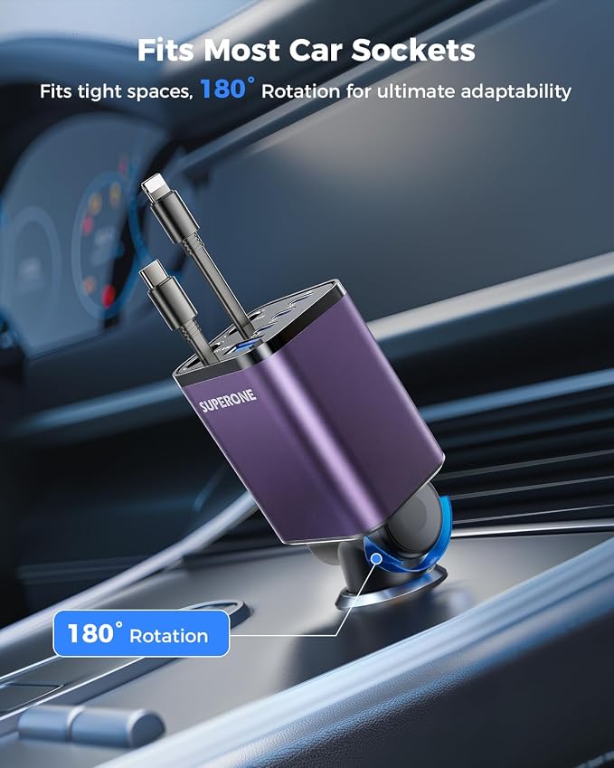 [Upgraded] 6 in 1 Retractable Car Charger, SUPERONE Smaller Fast Car Phone Charger 99W with Cord, USB C and iPhone Car Charger Adapter, Compatible iPhone 17/17 Pro Max/16/15/14/13/12/11, Sumsung