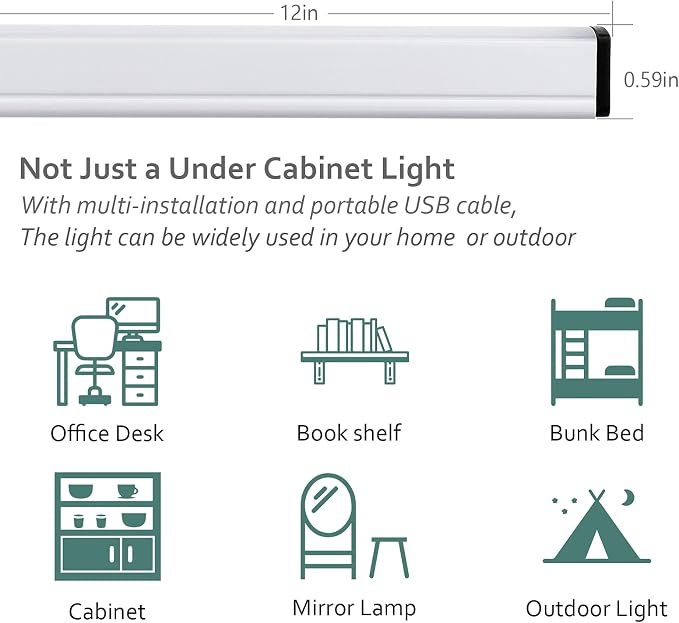 ASOKO 12 Inch Under Counter Light 6000K (Without Plug | ASOKO 12" Under Cabinet LED Light Strip, 6000K Plug in Counter Light for Kitchen Desk Closet Workbench, No Plug