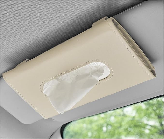 Car Tissue Holder, Vehicle Sun Visor Napkin Box Hanging Paper Towel Dispenser with Tissues Refill, Leather Backseat Paper Towel Case Visor Napkin Storage Holder for Most Cars (Beige)