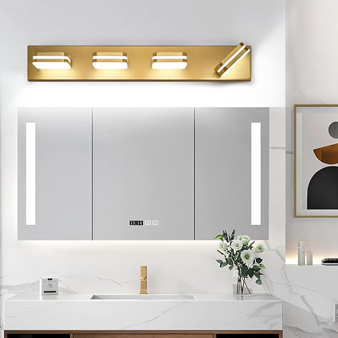 Torondo 360° Rotate LED Bathroom Vanity Light Fixtures, Acrylic Vanity Lights for Bathroom, Modern Wall Lighting Fixtures Over Mirror Living, Gold, Natural White, 4-Light, 27-Inch