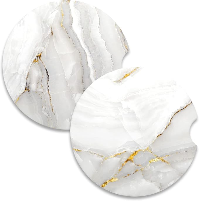 Nipichsha Car Coaster for Cup Holders, 2 Pack Absorbent Ceramic Car Cup Holder Coaster for Drinks, Cute Auto Assecories for Women, Universal Size 2.56 in with Finger Notch & Cork Base, White Marble