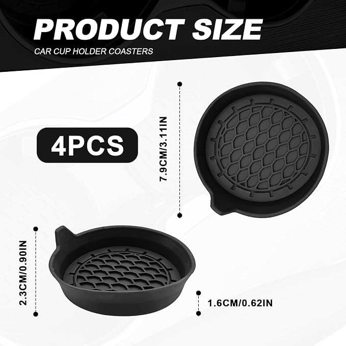 4-Pack Universal Cup Holder Coasters, Black Silicone Inserts - Keep Your Car Clean with Non-Slip & Spill-Proof Coasters for All Vehicles (Black)