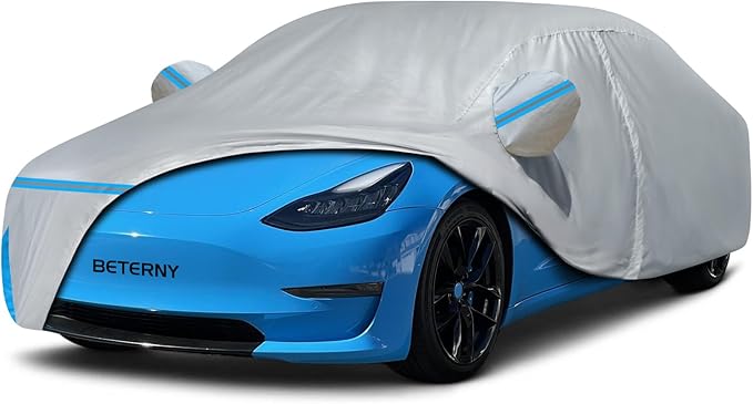Car Cover for 2017-2026 Tesla Model 3, Waterproof Custom-fit All Weather Sun Rain UV Dust Snow Protection Windproof Outdoor Model 3 Full Car Cover with Door Zipper and Cotton Lining-Grey