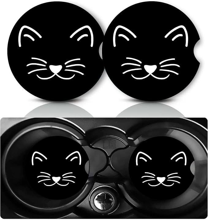 2 PCS Cat Car Coasters,2.75" Neoprene Rubber Cars Cup Holder Coasters | Universal Non-Slip Mat, Drink Coaster Decor Auto Accessories Cats Loves Gifts for Women,Men,Mom,Drivers