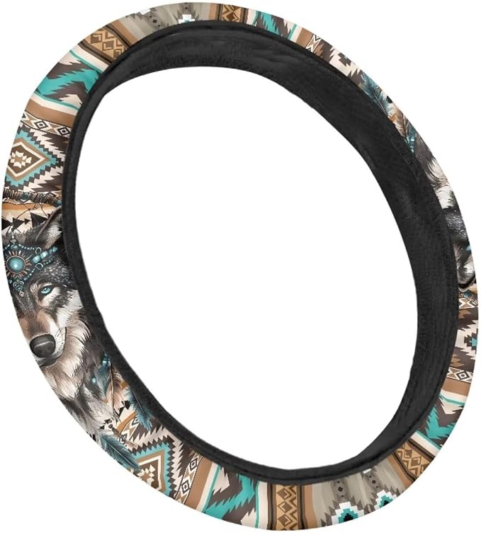 Wanyint Aztec Wolf Dream Catcher Car Steering Wheel Cover Universal 15 Inch for Cars Anti-Skid Soft Touch Elastic All Weather Protection