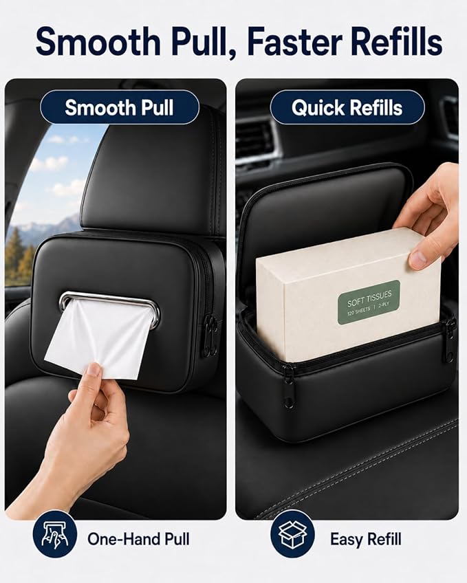 Leather Car Tissue Holder, Extra Large Tissue Holder for Car, Fits 120–230 Count Rectangular Tissue Boxes, Wider Opening for Easy Access, Dual Zipper for Headrest,Console,Seat Back (Black)