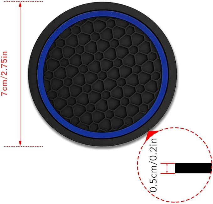 Car Cup Holder Coasters, Dustproof Automotive Interior Accessories Mat,2.75 Inch Non-Slip Insert Water Bottle Holder Pads, Universal for Vehicles, Trucks, RVs and More (Black/Blue, 2PCS)
