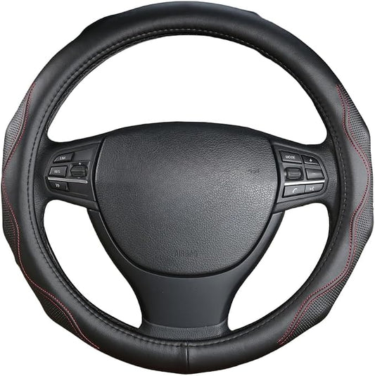 Leather Steering Wheel Cover (Black-red Stitching, 15.5-16 inch) | for Dodge Ram 1500 2500 3500 Chrysler Pacifica Ford F-150 F-250 F-350 Expedition