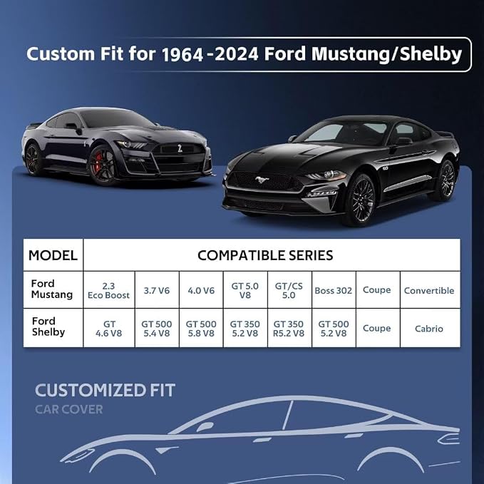 10 Layers Car Cover Custom Fit for Ford Mustang, Shelby, GT350, GT500 (1964-2026) Waterproof All Weather for Automobiles, Outdoor Full Cover Sun UV Rain Protection.Black