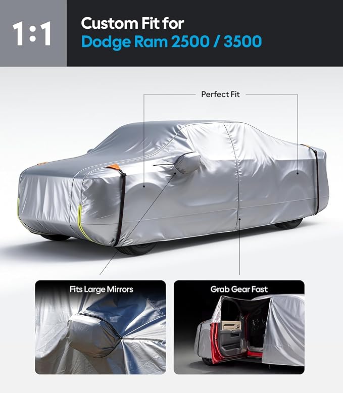 Wigoo Dodge Ram 2500 3500 Truck Car Cover Accessories, Custom Fit Waterproof All Weather Outdoor Pickup Cover, Windproof UV Rain Snow Dust Protection, Door Zipper, Reflective Strips, Breathable Design