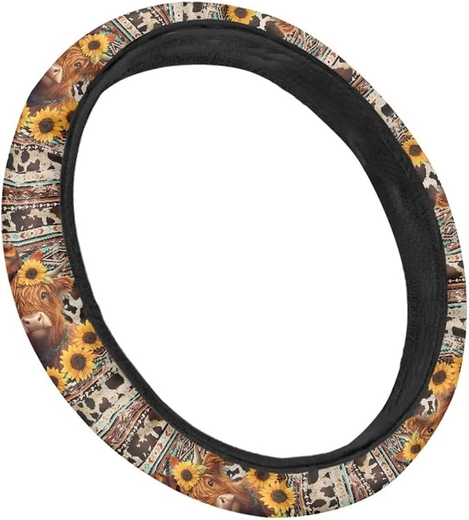 Wanyint Aztec Highland Cow Cowboy Sunflower Car Steering Wheel Cover Universal 15 Inch Auto Accessories Car Interior Decoration for Women Men Fit Cars SUV Sedan Vans Trucks