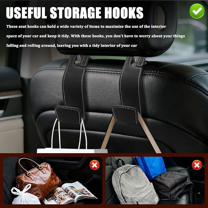 Car Seat Headrest Hooks, Purse Hook for Car, Automotive Headrest Handbags Holder, Auto Accessories Leather Seatback Organizer Hanger for Hanging Purses Bags Coats (Black, 1PCS)