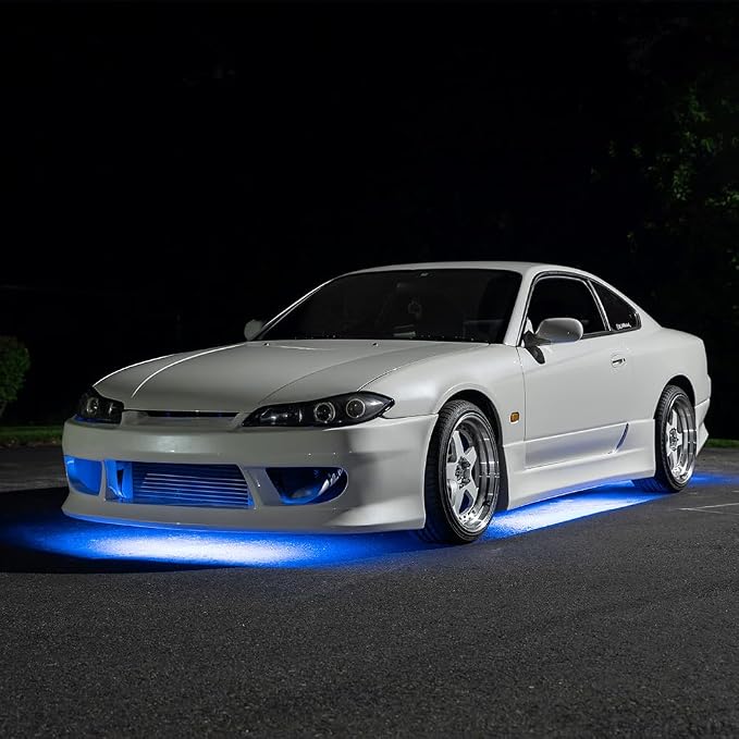 LEDGlow 4pc Blue Slimline LED Car Flexible Underglow Lighting Kit | Neon Accent Lights Include Flex Underbody Tubes, Solid Color Illumination, 4 Modes, Control Box & Remote