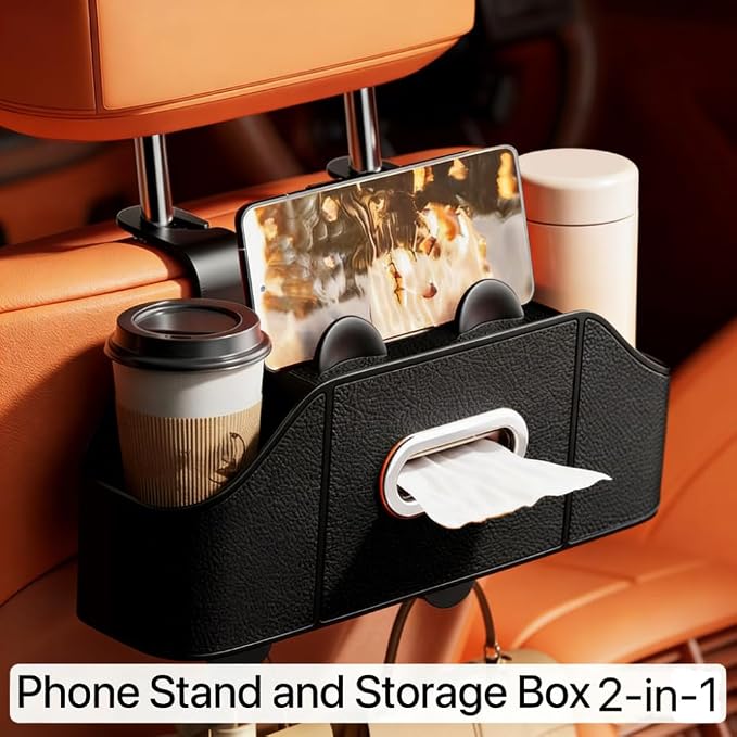 2 Pack 4-in-1 Car Backseat Organizer, PU Leather Headrest Storage Box with Tissue Holder, Dual Cup Holders, Phone Stand & Hooks, Universal Fit for Most Cars, Road Trip Essentials (Black)