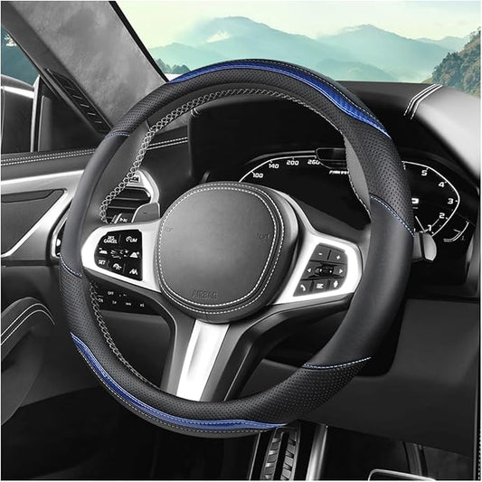 Car Steering Wheel Cover, Carbon Fiber Breathable Vehicle Steering Wheel Cover Wrap with Anti-Slip Lining, Automotive Interior Decorative Accessories, Universal for SUV RV Truck (Blue)