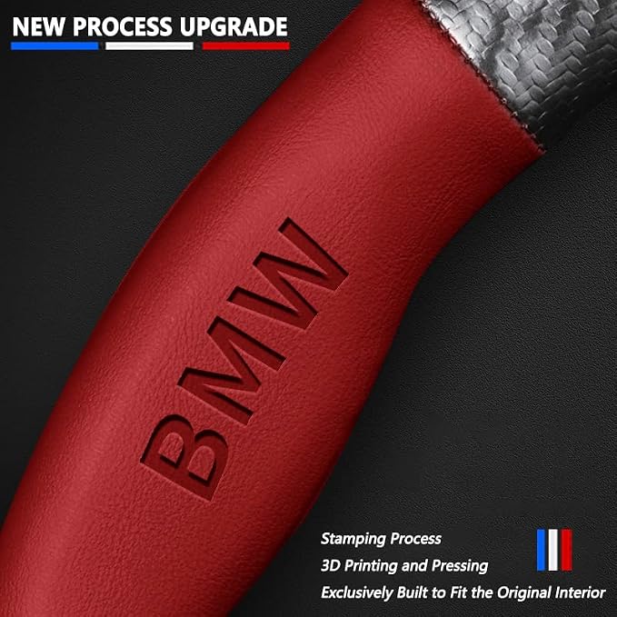 Steering Wheel Cover Compatible with BMW, Nappa Leather&Carbon Fiber Texture Steering Wheel Cover, 14.5-15 Inch Diameter with 2 Coasters and USB Fast Charging Cable (Red)