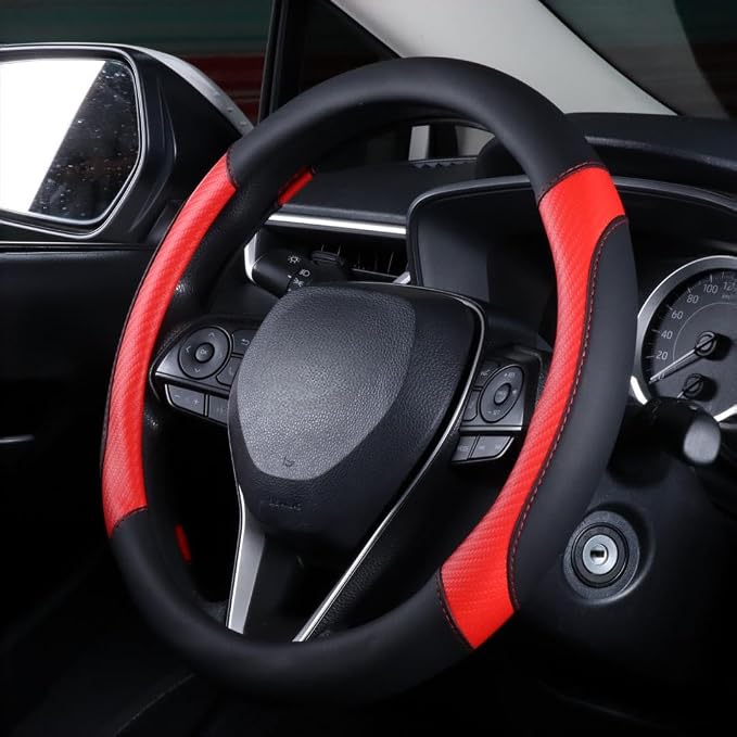 Steering Wheel Cover Red- Premium Perforated Carbon Fiber Leather Sport Wrap with Odorless Rubber Non-Slip Inner, Universal Fit for Cars Trucks SUVS - 15 Inch (Red)