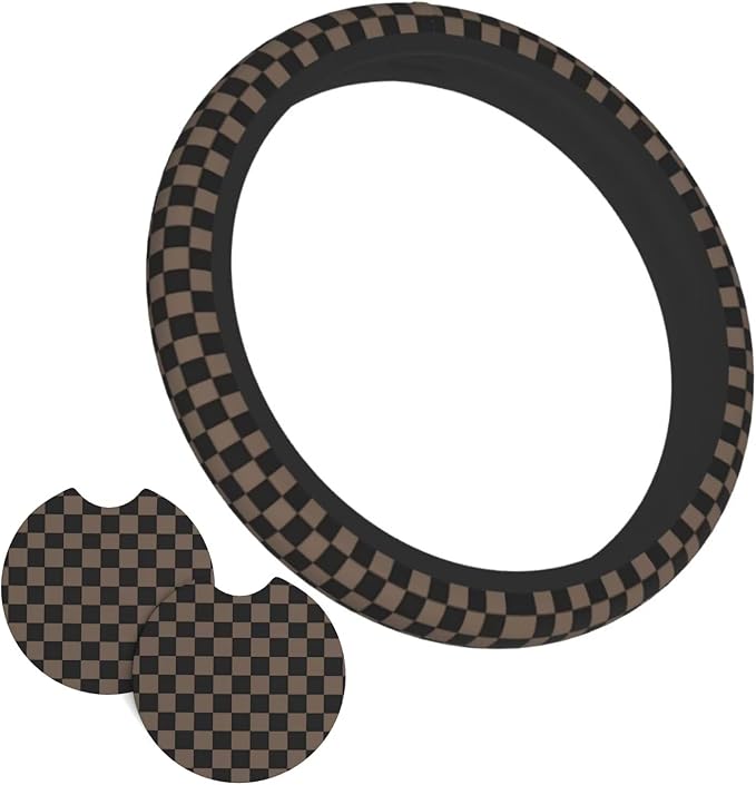 Checkered Black Brown Steering Wheel Cover Black Brown Checkered Steering Wheel Cover Anti-Slip Breathable for 15 in Universal 2 Pcs Car Interior Cup Holder Pad for Men Women