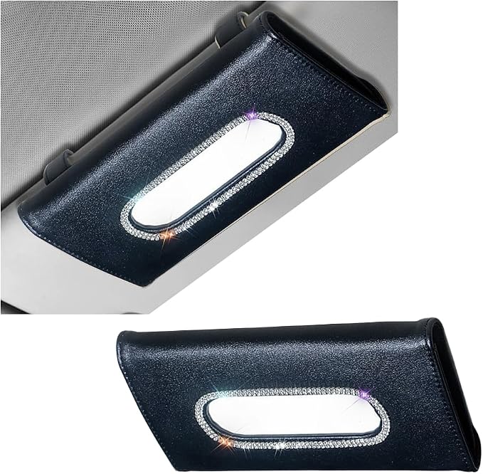 Bling Car Sun Visor Tissue Holder, Sparkling Crystal Rhinestone Visor Paper Towel Mask Box Holder, Glitter Diamond Auto Interior Napkin Cover Case, Universal for Truck SUV Van (Black)